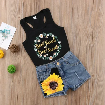 Copii Baby Girl Haine Tinutele Florale T-shirt, Blaturi + Floarea-soarelui Blugi Denim Pantaloni Scurți Set