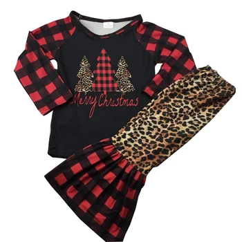 Copii fata de pom de crăciun print set la modă leopard negru și roșu carouri bell jos tinutele 66