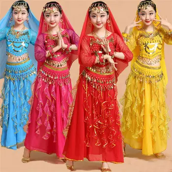 Copii Fată Burta Costume De Dans Copii, Dans Din Buric Fete Bollywood Indian Performanță Pânză Set Handmade Fata India Haine