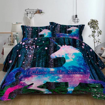 Copii lenjerie de pat de lux 3D Digital Vis Pădure Unicorn Plapuma Acoperă cu fețe de Pernă Cosmic Unicorn pat Linia king size en-gros