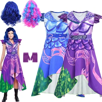 Copii minunat Descendenții 3 Evie Cosplay Costum Imprimat Rochie+Wig+Manusi Fete de Halloween bal Mascat Mal Rochie de Printesa