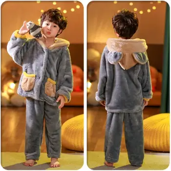 Copii Pijamale Flanel Băieți Fete Noi Gros Cald Desene animate cu Gluga Top si Pantaloni Homewear Seturi 2020 Toamna Iarna Sleepwear Costum