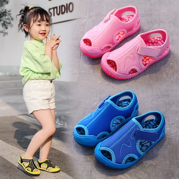 Copii sandale de plaja băieți moale rotund cu bombă pânză pantofi fete toc buzunar și design de sprijin picior proteja sandale