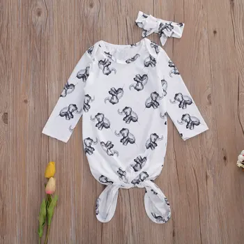 Copil nou-născut Băiat Fată Sleepwear Elefant Minunat Print camasa de noapte cu Bentita de Bumbac Acasă Costumele Unisex Copil Nou-născut îmbrăcăminte de noapte