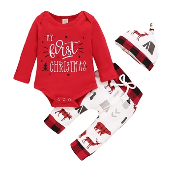 Copil Nou-născut Fată Băiat 3Pcs Tinutele de Crăciun Set Maneca Lunga Scrisoare Tipărite Body Top+Pantaloni+Hat Set 0-12 luni