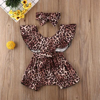 Copil nou-născut Fată de Vară Salopetă Leopard Print Short Sleeve Romper Salopeta Bentita Costum de Haine 6-24Months