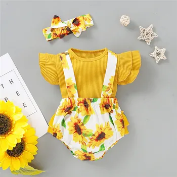 Copil nou-născut Îmbrăcăminte Set 3Pcs pentru Copii Toddler Girls Copii T-shirt, Blaturi+Floarea-soarelui Bretele, pantaloni Scurți Heandband Haine Tinuta Baby set