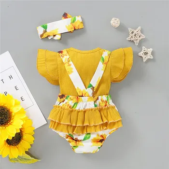 Copil nou-născut Îmbrăcăminte Set 3Pcs pentru Copii Toddler Girls Copii T-shirt, Blaturi+Floarea-soarelui Bretele, pantaloni Scurți Heandband Haine Tinuta Baby set