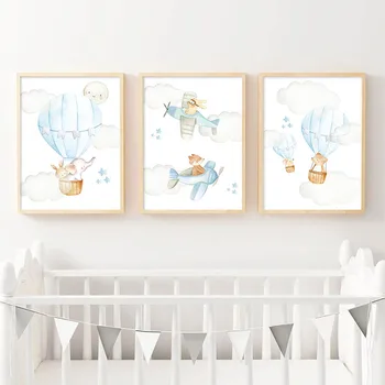 Copil Pepinieră Băiat De Perete De Arta Canvas Poster Balon Albastru Animal Print Desene Animate Pictura Nordică Copii Copil Decorare Dormitor Imagine
