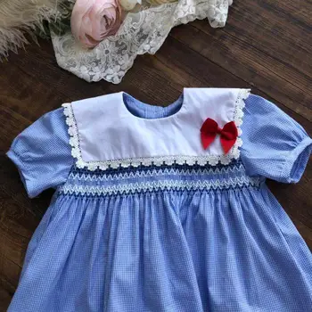 Copilul Baby Rochii Pentru Fete De Bumbac Carouri Cu Maneci Scurte Arc Rochie De Epocă Copii Păpuși Guler Printesa Smocked 1-3 Ani Costum