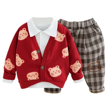 Copilul baietel de Îmbrăcăminte de Moda Tinuta 3PCS Urs Pulover Haina Haine+Tricou +Pantaloni Sugari Copii Băiat Outfits1-5 Ani