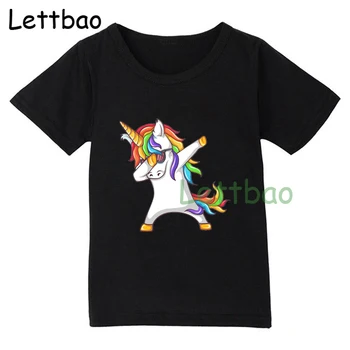Copilul de Vara cu Maneci Scurte T-Shirt Copii Tamponare Unicorn Negru T Shirt pentru Copii Tricou Baiat Fata Topuri Tee 2 3 4 5 6 7 8 9 Ani