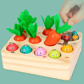 Copilul Din Lemn Montessori Jucărie Recolta De Morcovi Bloc De Pescuit Setați Dimensiunea Forma Cunoaștere Prinderea Worm Puzzle De Învățământ Pentru Copii Cadouri