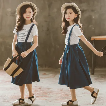 Copilul Fata Set Haine Copii Fete Haine coreeană Top Alb T-shirt +Sling Fuste Copii Trening 2 Piese Costum Set