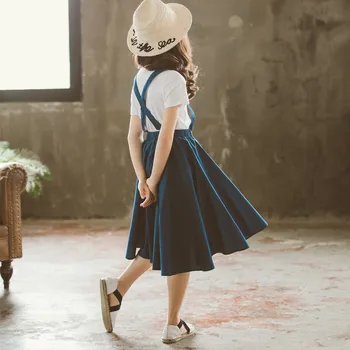 Copilul Fata Set Haine Copii Fete Haine coreeană Top Alb T-shirt +Sling Fuste Copii Trening 2 Piese Costum Set