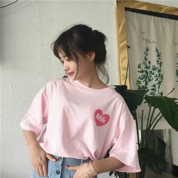 Coreea Coreea Moda pentru Femei Îmbrăcăminte de Vară Scrisoare de Imprimare Casual Preppy Roz Pierde T shirt Topuri