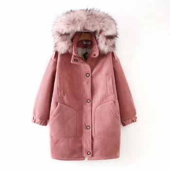 Coreea de Catifea îngroșa liber iarna hanorac femei guler de blană cu glugă jachete lungi haine de buzunar moda haine de iarna femei