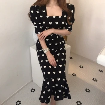 Coreea De Epocă Inima De Imprimare Sirena Rochie Lunga Pentru Femei Maneci Scurte Pătrat Guler Slim Rochii De Moda Elegant Doamnelor Vestido 2020