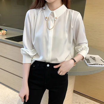 Coreea De Mătase, Camasi Femei, Bluze Din Satin Cămașă Office Lady Cămăși Albe Casual Femeie De Mătase Topuri Plus Dimensiune Femei Bluza Cu Maneci Lungi