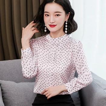 Coreea De Mătase Pentru Femei Bluze Femei Satin Bluza Print Camasa Femei Maneca Lunga Tricouri Top Plus Dimensiune Blusas Mujer De Moda 2020 Verano