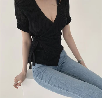 Coreea de vară elegant slim V-neck cruce curele laterale neregulate una-bucata pulover topuri femei maneca scurta camasi tricotate
