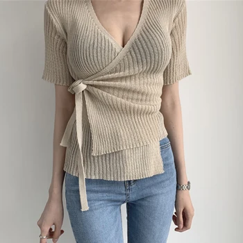 Coreea de vară elegant slim V-neck cruce curele laterale neregulate una-bucata pulover topuri femei maneca scurta camasi tricotate