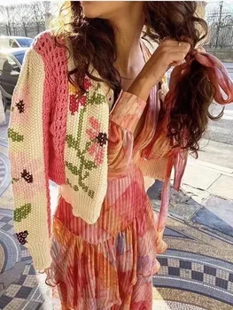 Coreea de Îmbrăcăminte Mozaic Gol Afară de Gaura de Broderie Flori Cardigan Femei O de gât Butonul Pulover Lung cu maneca Scurta Jumper Toamna