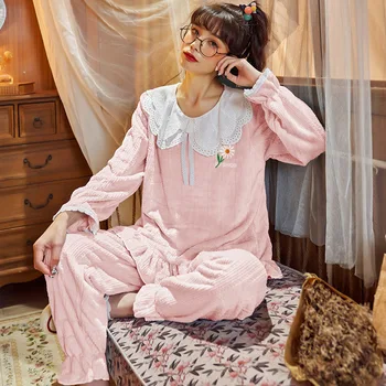 Coreea Drăguț Dulce Lenjerie De Corp Lenjerie Kawaii Pijamale Femei Toamna Iarna Haine De Acasă Pijamale Flanel Lounge Purta Albastru Roz Nou