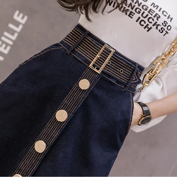Coreea Moda Buton Lung pentru Femei Fusta Cu Centura Toamna anului 2020 O-Linie Pieptul Singur Buzunare Slim Denim Fusta Streetwear Fund