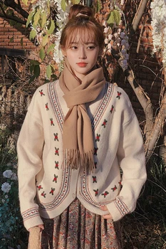 Coreea Retro Chic Dulce Tricot Broderie Flori Cardigan Pulover V Neck Slim Talie Mare Florale Fusta De Moda Temperament Blând