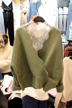 Coreea Stil Nou pentru Toamna și Iarna Dantelă V Gât Bottom Camasa + Pulover tricotat cu Două Bucata Set pentru Femei