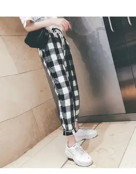 Coreea Style Femei Mijlocul Talie Direct Print Carouri Glezna-Lungime Pantaloni Cordon Liber Buzunare Pantaloni Sex Feminin 2019 Fete Toamna