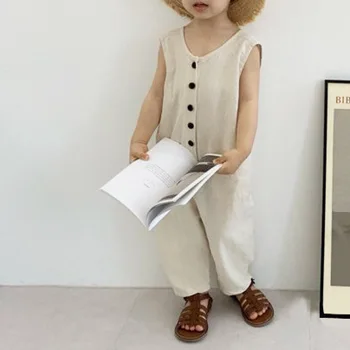 Coreean Baieti'Summer Fată poartă drăguț mic buton pantaloni și pantaloni casual V-Neck Solid romper baby jumsuit baietel haine