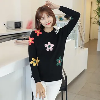 Coreean Primavara Toamna Femei Kawaii 3D Flori Croșetat Pulover Tricotate Alb Negru Tricotaje Crop Top Pulover Drăguț Jumperi Doamnelor