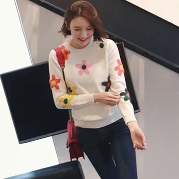 Coreean Primavara Toamna Femei Kawaii 3D Flori Croșetat Pulover Tricotate Alb Negru Tricotaje Crop Top Pulover Drăguț Jumperi Doamnelor