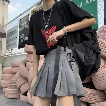 Coreean Summer Vintage Harajuku Hip Hop Buzunare Femei Fusta A-Line Streetwear Stil Safari Cutat Talie Mare Fuste Mini De Sex Feminin