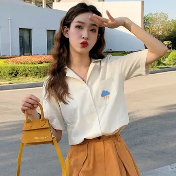 Coreeană Broderie din Bumbac Tricou Femei de Vară Maneca Scurta Bluza cu Rever Guler de Turn-down Topuri Casual Doamnelor Tricouri Blusas Feminina