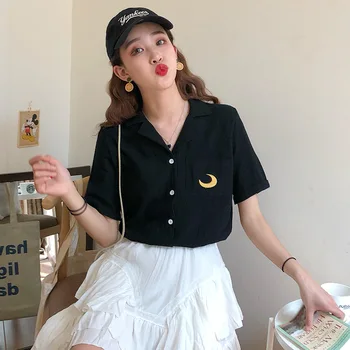Coreeană Broderie din Bumbac Tricou Femei de Vară Maneca Scurta Bluza cu Rever Guler de Turn-down Topuri Casual Doamnelor Tricouri Blusas Feminina