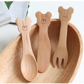 Coreeană Copii Tacâmuri de Lemn Eco-Freindly Animal Urs Lingură, Furculiță, Cuțit Set 9pcs(3 seturi de veselă) pentru copii Hrănire Copil