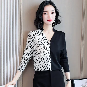 Coreeană Culoare Contrastantă Cămașă de Mătase 2021 Toamna cu Maneca Lunga pentru Femei de Moda Bluza din Satin V-gât OL Haine Ropa De Mujer 11109