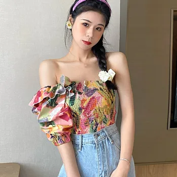 Coreeană Florale Imprimate Ciufulit Neregulate Sexy Dulce Subțire Șifon Tricouri Bluza