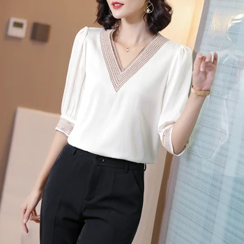 Coreeană Grele de Mătase pentru Femei Bluza Tricou Femei Bluza Broderie Topuri Plus Dimensiune Alb V-neck Bluza de Mătase Blusas Mujer De Moda 2020