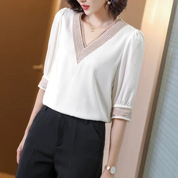 Coreeană Grele de Mătase pentru Femei Bluza Tricou Femei Bluza Broderie Topuri Plus Dimensiune Alb V-neck Bluza de Mătase Blusas Mujer De Moda 2020
