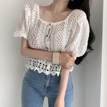 Coreeană Vintage Chic Single-breasted Broderii Florale Tricotate de Vară 2021 Dantela Bluza Femei Culturilor Topuri din Dantela Tricou Femei Cardigan