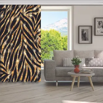 Cortina de Aur Model Zebra pe Fundal Negru, Elegant, Chic Animal Print Strălucitoare Festiv Temă opera de Arta de Imprimare