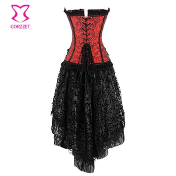 Corzzet Rosu+Negru Brocart Oțel Dezosată Overbust Corset Rochie Femei Petrecere de Halloween Masquerade Gotic Corset Fusta Set