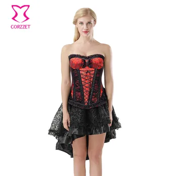 Corzzet Rosu+Negru Brocart Oțel Dezosată Overbust Corset Rochie Femei Petrecere de Halloween Masquerade Gotic Corset Fusta Set