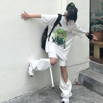 Costum de vara pentru femeie student coreean liber graffiti desene animate imprimate T-shirt și detasabila cu fermoar pantaloni casual set de două piese