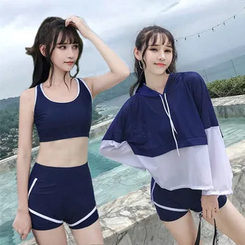 Costume de baie Femei Costume de baie din Trei piese Sport cu mâneci Lungi Split Boxer Conservator Student coreean termală Costum de Baie XL