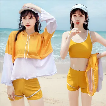Costume de baie Femei Costume de baie din Trei piese Sport cu mâneci Lungi Split Boxer Conservator Student coreean termală Costum de Baie XL